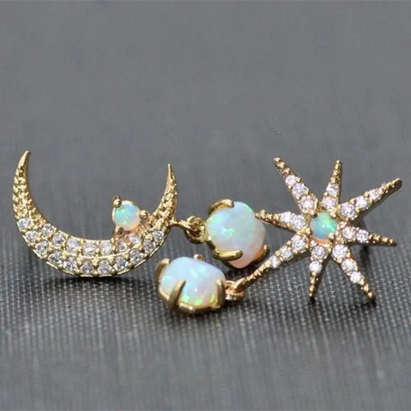 Moon & Star Opal Gold Earrings