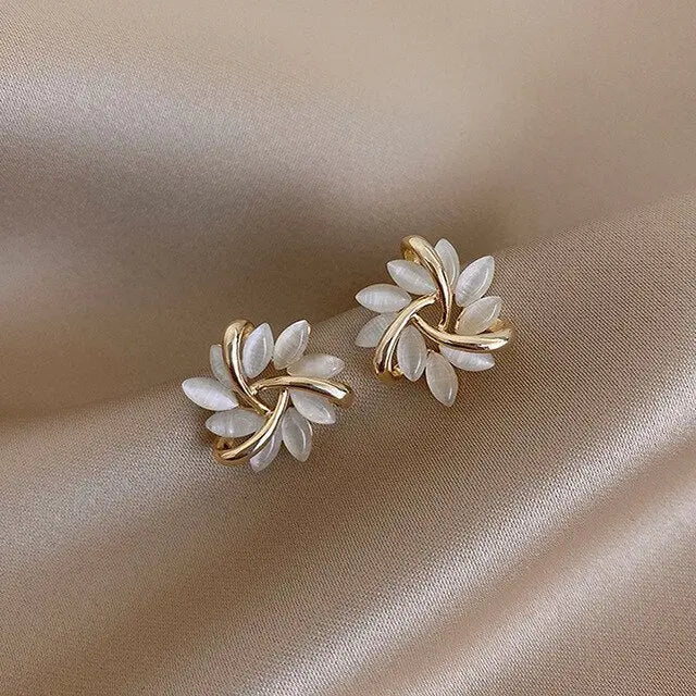 White Opal Gold Earrings