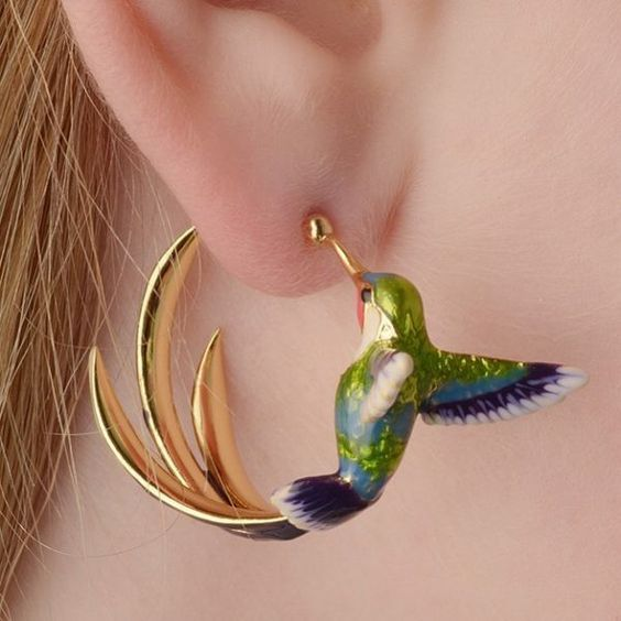 Vintage Enamel Hummingbird Hoops