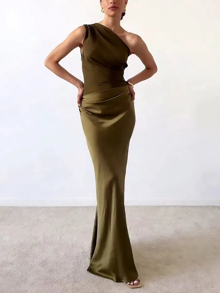 Romillya | Women’s Casual Asymmetrical Neckline Draped Maxi Dress