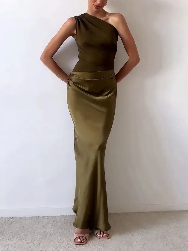 Romillya | Women’s Casual Asymmetrical Neckline Draped Maxi Dress