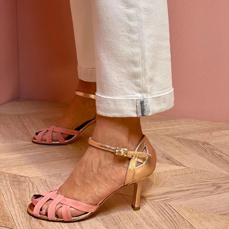 TASHA | STRAPPY PEACH MID HEELS