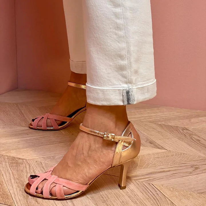 TASHA | STRAPPY PEACH MID HEELS