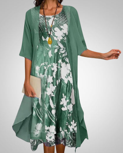 Reese | Women's Printed Boho Midi Dress With Cardigan Set