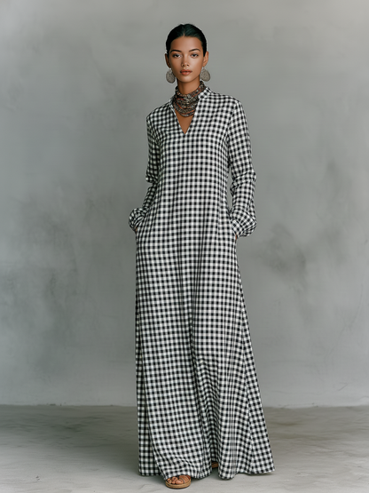 Julia | Women's Casual Checked Longsleeve Maxi Dress