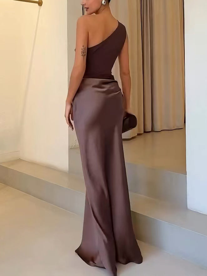 Romillya | Women’s Casual Asymmetrical Neckline Draped Maxi Dress