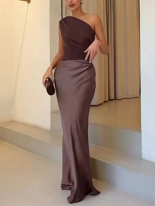 Romillya | Women’s Casual Asymmetrical Neckline Draped Maxi Dress