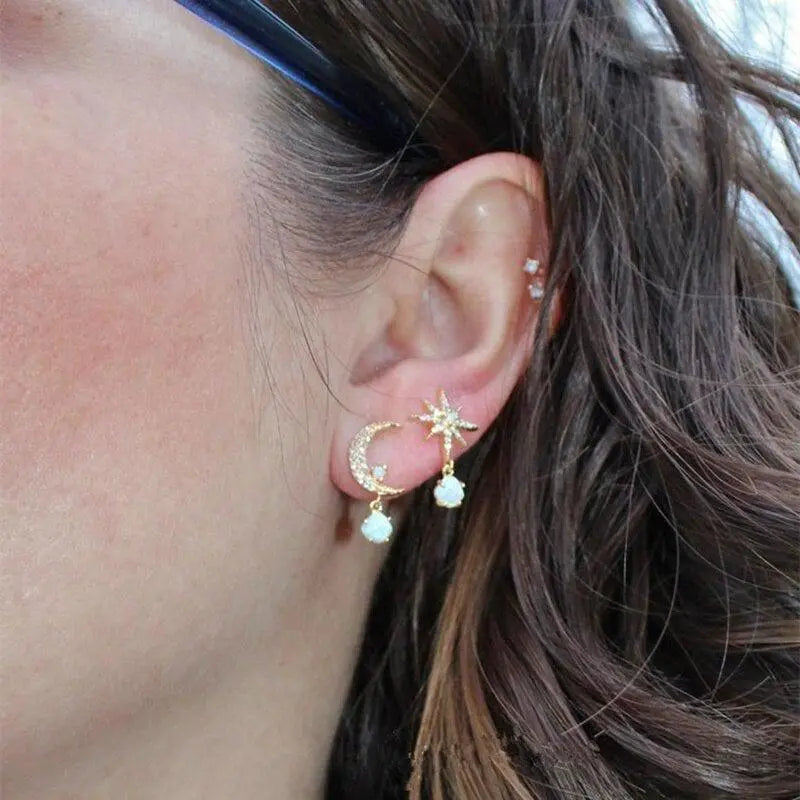 Moon & Star Opal Gold Earrings