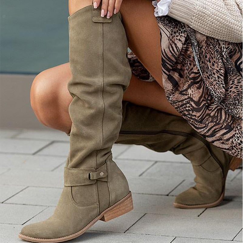 Katreena | Women's Knee High Low Heel Suede Boots