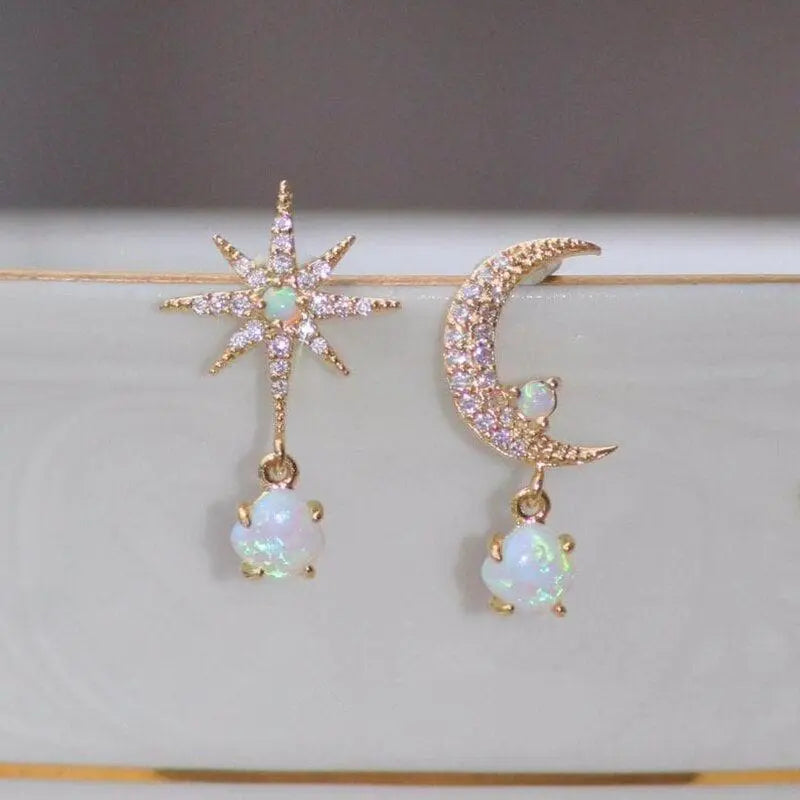 Moon & Star Opal Gold Earrings