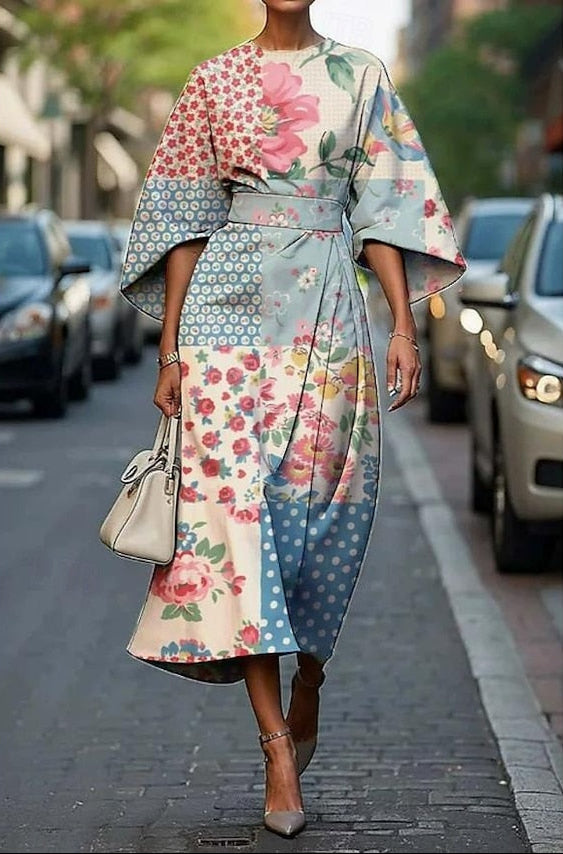 Della | Women's Elegant Printed Midi Dress With Kimono Sleeves