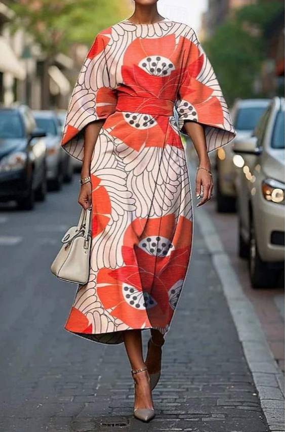Della | Women's Elegant Printed Midi Dress With Kimono Sleeves