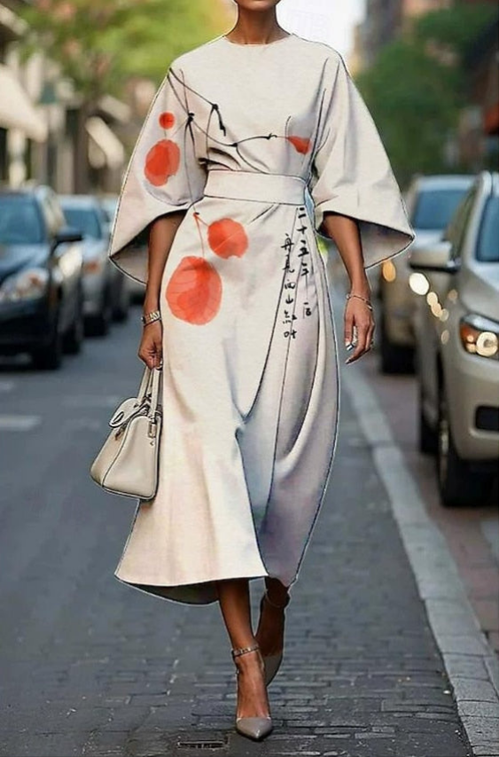 Della | Women's Elegant Printed Midi Dress With Kimono Sleeves