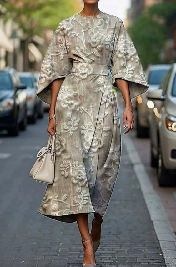 Della | Women's Elegant Printed Midi Dress With Kimono Sleeves