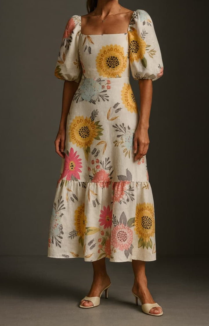 ALA™ FLORAL MIDI DRESS WITH PUFF SLEEVES