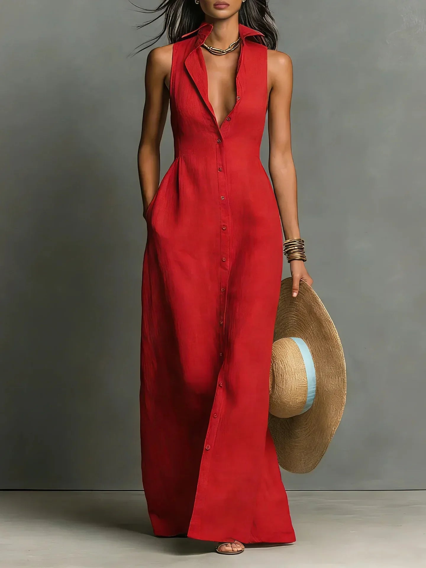 Sophia | Women's Elegant Button Sleeveless Shirtdress