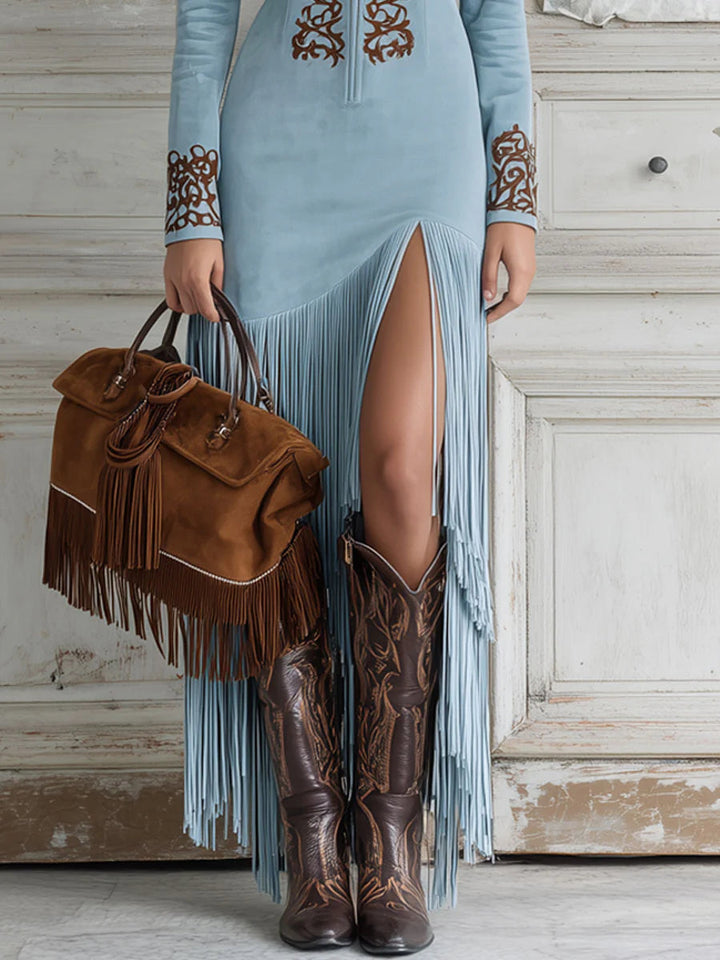 Sylvia | Women's Suede Fringe Boho Maxi Dress