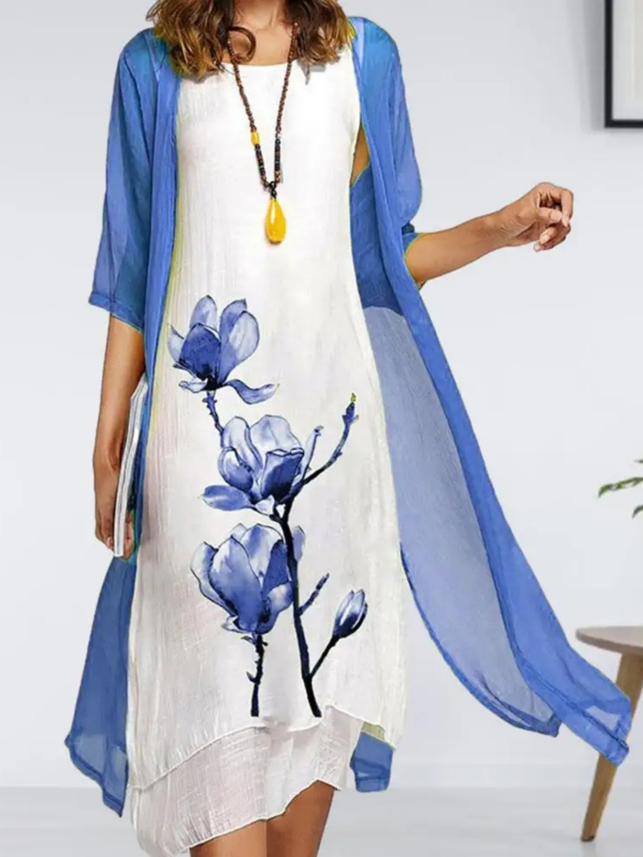 Esme | Women's Layered Sleeveless Midi Dress With Chiffon Cardigan Set