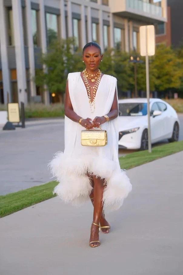 Cleo | Women's Elegant Feather Midi Dress