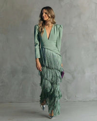 Ellie | Women's Festive V-Neck Fringe Midi Dress