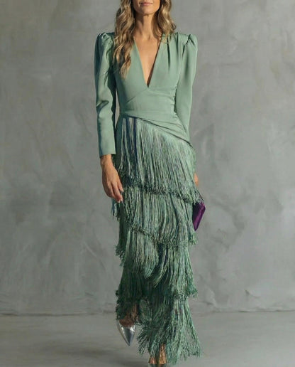 Ellie | Women's Festive V-Neck Fringe Midi Dress