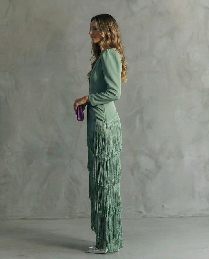 Ellie | Women's Festive V-Neck Fringe Midi Dress