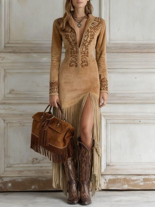 Sylvia | Women's Suede Fringe Boho Maxi Dress