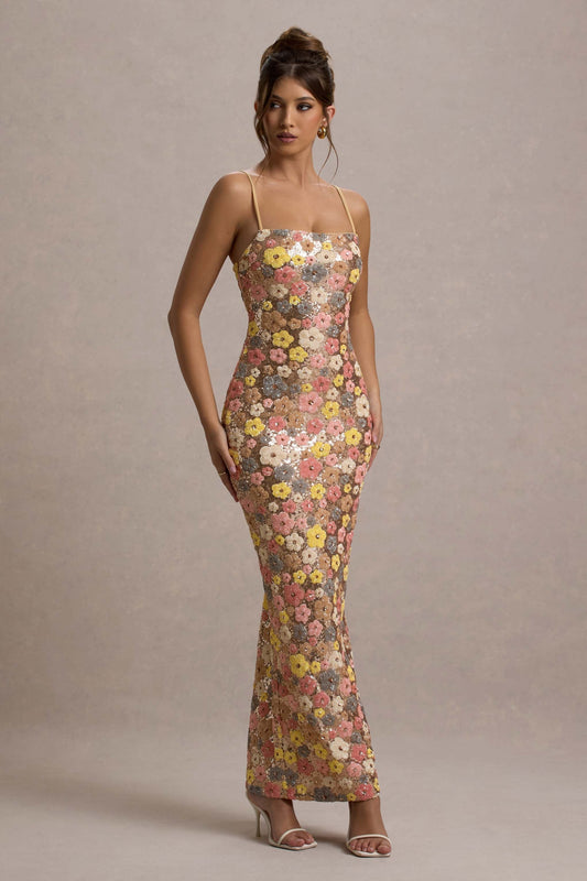 Layla | Women's Floral Glitter Bodycon Maxi Dress